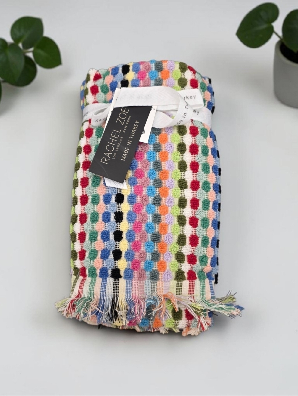 Rachel Zoe Fringed Dots 2 Colorful Hand Towels Multicolored NWT